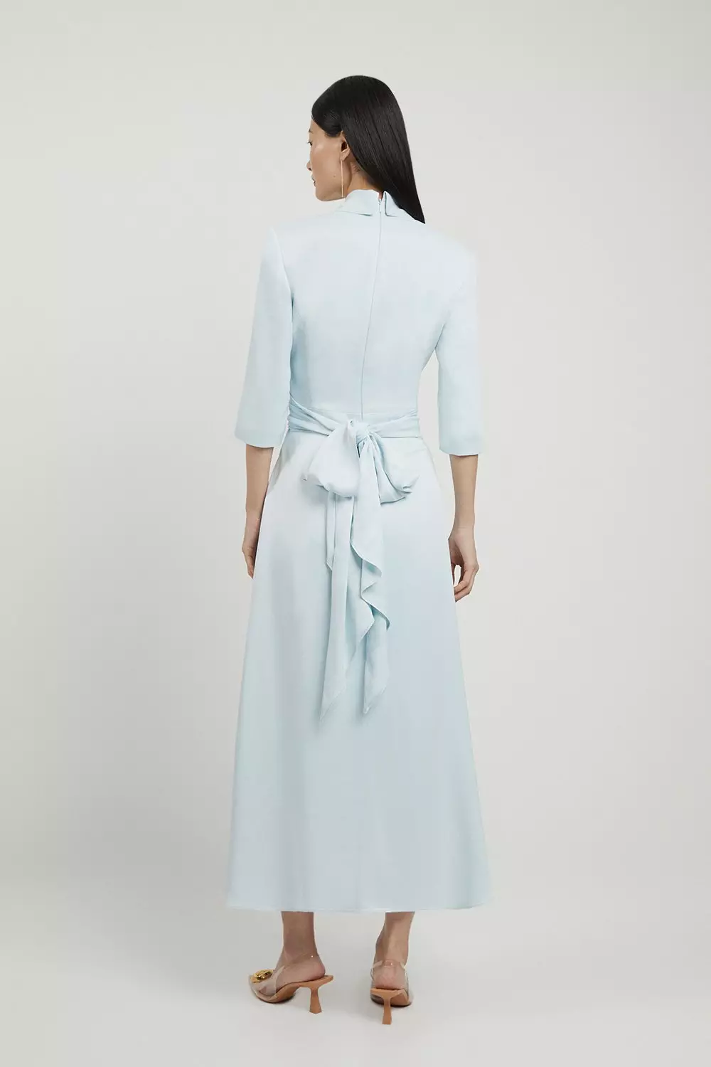 Karen Millen Womens Petite Satin Back Crepe Wrap Tie High Low Maxi Dress Pale Blue Size 4